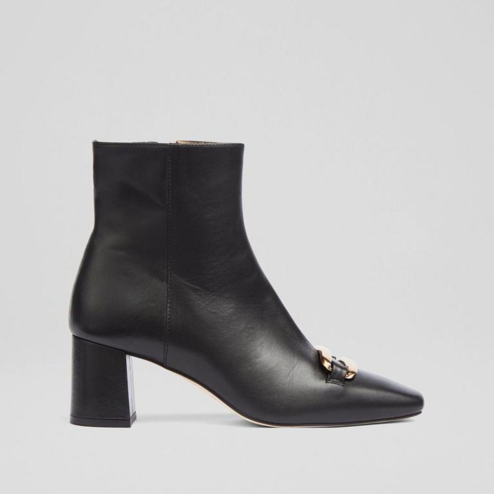 NEW ⚜️LK Bennett⚜️Novella Black Leather Gold Bar Ankle Black Boots Sz. 38 - Picture 2 of 4